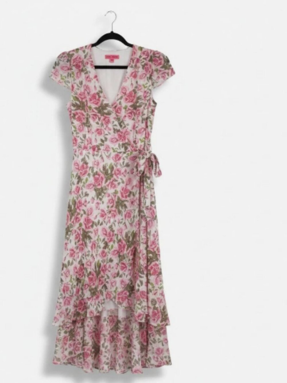 Betsey Johnson Women's Rose-Print Crossover V-Neck Wrap Midi Dress Size 6